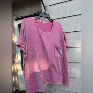 Zenana Oversized Women's Pink Striped Pocket Tee